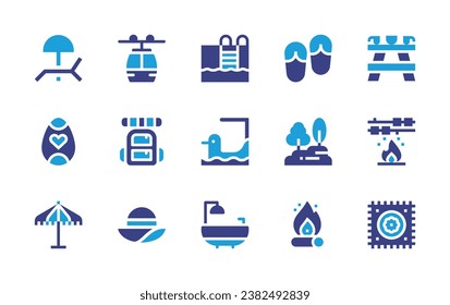 Holiday icon set. Duotone color. Vector illustration. Containing sunbed, easter egg, umbrella, backpack, sun hat, cable car cabin, flip flops, tree, bonfire, picnic, marshmallow, beach towel, swimming