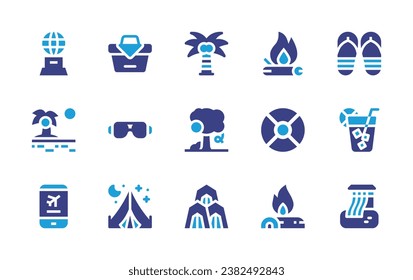 Holiday icon set. Duotone color. Vector illustration. Containing beach, booking, souvenir, coconut tree, tree, camp, flip flops, lemonade, water slide, bonfire, rubber ring, picnic, sunglasses, tent.