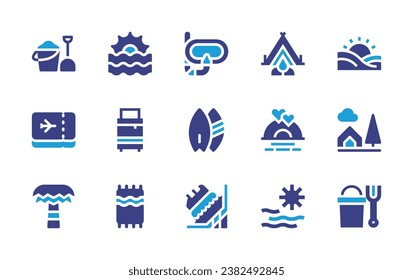 Holiday icon set. Duotone color. Vector illustration. Containing sand bucket, plane tickets, sunset, suitcase, beach towel, palm tree, camping, bucket, amusement park, snorkel, surfboard, camping tent