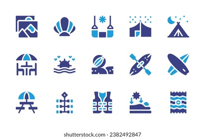 Holiday icon set. Duotone color. Vector illustration. Containing picture, terrace, shell, sunrise, fireworks, picnic, tent, kayak, beach towel, life jacket, hammock, beach ball, surf board, tanning.