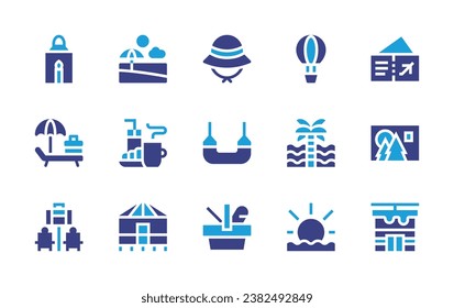 Holiday icon set. Duotone color. Vector illustration. Containing lantern, work, holidays, hot air balloon, beach, breakfast, yurt, palm tree, sunset, plane tickets, card, cable car, pamela hat.