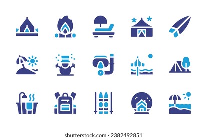 Holiday icon set. Duotone color. Vector illustration. Containing tent, beach umbrella, bath, firewood, snowman, backpack, beach, snowball, surfboard, vacation, hammock, snorkeling, ski equipment.