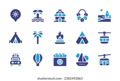Holiday icon set. Duotone color. Vector illustration. Containing holidays, tent, necklace, island, palm tree, hot air balloon, boat, surf, cable car, ski lift, hut, bonfire, summer.