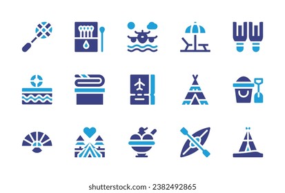 Holiday icon set. Duotone color. Vector illustration. Containing sun umbrella, teepee, kayak, flying, ice cream, ticket, racket, swimming pool, fan, flippers, sand bucket, matches, towel, love.