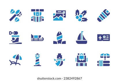 Holiday icon set. Duotone color. Vector illustration. Containing sun umbrella, sleeping bag, ticket, backpack, lighthouse, butterfly net, surfboard, inflatable pool, holly, sailboat, snowman, postcard