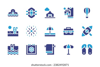 Holiday icon set. Duotone color. Vector illustration. Containing hot air balloon, kayak, flip flops, duck, pool, fireworks, calendar, vacations, tackle box, umbrella beach, architecture and city.