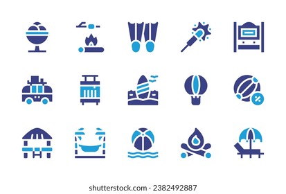 Holiday icon set. Duotone color. Vector illustration. Containing ice cream, van, marshmallow, luggage, party, hot air balloon, bonfire, beach hut, hammock, sign, beach ball, sunbed, fins, surfboard.