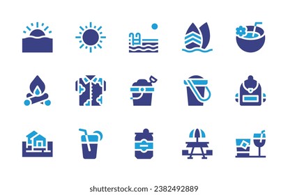 Holiday icon set. Duotone color. Vector illustration. Containing sun, shirt, coconut drink, backpack, cocktails, orange juice, fire, cabin, swimming pool, sand bucket, beer can, surfboard, picni.