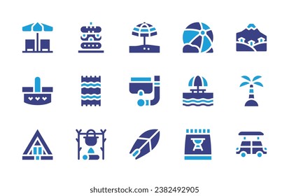 Holiday icon set. Duotone color. Vector illustration. Containing car, mountain, island, float, beach towel, beach, cooking, basket, tent, sun umbrella, snorkel, surfboard, beach ball, coal, swimming.