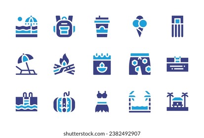 Holiday icon set. Duotone color. Vector illustration. Containing beach, swimming pool, backpack, bonfire, jack o lantern, ice cream cone, pants, ocean, soda, calendar, mattress, swimming, beach house.