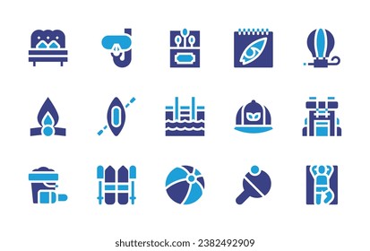 Holiday icon set. Duotone color. Vector illustration. Containing hot air balloon, backpack, sunbathing, snorkel, sand bucket, double bed, fire, matches, calendar, cap, rackets, swimming pool, ball.