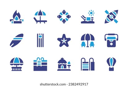 Holiday icon set. Duotone color. Vector illustration. Containing hot air balloon, kayak, freezer, sunbed, floating bed, fire, pool, surfboard, sun umbrella, lifesaver, starfish, hut, stairs.