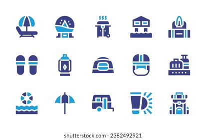 Holiday icon set. Duotone color. Vector illustration. Containing baggage, conveyor belt, backpack, snowball, lantern, hammock, umbrella, slippers, beach ball, barbecue, camping tent, caravan, stilt.