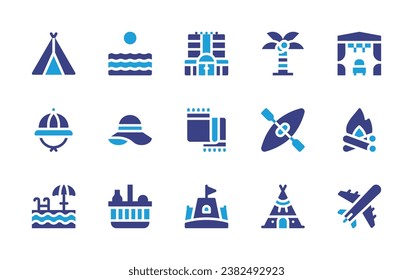 Holiday icon set. Duotone color. Vector illustration. Containing tent, explorer hat, swimming pool, sea, hat, basket, palm, kayak, tipi, hotel, beach towel, sand castle, canopy, campfire, air plane.