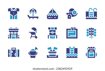 Holiday icon set. Duotone color. Vector illustration. Containing shirt, backpack, travel, sailboat, pamela, swimming pool, sunbed, bbq, sand bucket, firecrackers, santa.
