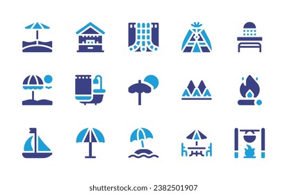 Holiday icon set. Duotone color. Vector illustration. Containing beach, water park, sun umbrella, beach umbrella, sailing boat, wigwam, camping, terrace, market, bathtub, umbrella, campfire, bath.