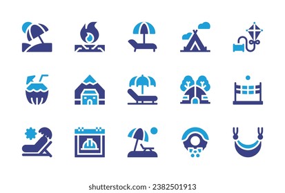 Holiday icon set. Duotone color. Vector illustration. Containing vacation, deck chair, coconut drink, sunbed, tent, camping, bonfire, cottage, christmas wreath, calendar, kite, beach volleyball.