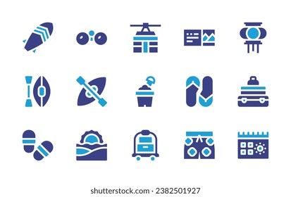 Holiday icon set. Duotone color. Vector illustration. Containing chinese lantern, luggage, calendar, binoculars, slippers, surfboard, canoe, cable car cabin, ticket, flip flops, swimsuit, sand bucket.