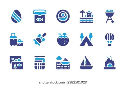 Holiday icon set. Duotone color. Vector illustration. Containing easter egg, luggage, pictures, breakfast, coconut drink, sailing, barbecue, hot air balloon, christmas bell, cable car, beach, camping.