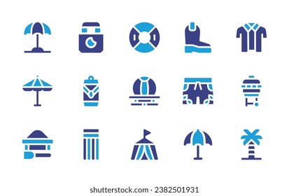 Holiday icon set. Duotone color. Vector illustration. Containing shirt, grill, palm tree, sun umbrella, umbrella, sand, beer can, floating bed, boot, swimsuit, umbrella beach, float, beach ball.