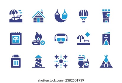 Holiday icon set. Duotone color. Vector illustration. Containing beach, holidays, holiday, hot air balloon, cabin, bonfire, lighthouse, sunbathing, cocktail, hammock, diving mask, fireworks, sunscreen