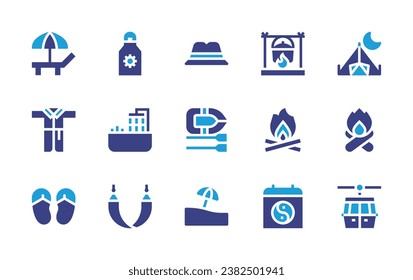 Holiday icon set. Duotone color. Vector illustration. Containing camping tent, bonfire, cable car, sun protection, bathtub, beach, hammock, bathrobe, flip flops, hat, boat, cook, chinese new year.