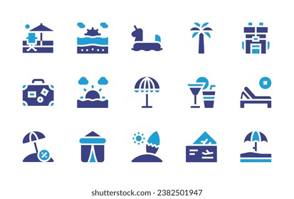 Holiday icon set. Duotone color. Vector illustration. Containing sunshade, waterproof, no tanning, plane tickets, tent, beach, surfing, sun umbrella, palm tree, cocktail, rubber ring, travel bag.