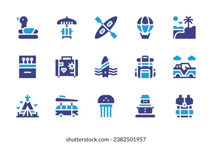 Holiday icon set. Duotone color. Vector illustration. Containing oasis, hot air balloon, jeep, backpack, snowman, jellyfish, sunbed, rubber duck, matches, rafting, surf, travel, van, tent.