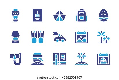 Holiday icon set. Duotone color. Vector illustration. Containing easter egg, backpack, palm tree, nature, sailing, palm, greeting card, flipper, hot air balloon, lamp, diving, origami, car, register.