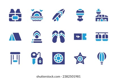 Holiday icon set. Duotone color. Vector illustration. Containing airport, hot air balloon, cable car, plane ticket, starfish, sunrise, bonfire, life vest, room key, tent, swings, surf, flip flops.