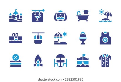 Holiday icon set. Duotone color. Vector illustration. Containing pub, funicular, bonfire, tank top, hawaiian shirt, castle, swimming pool, inflatable pool, easter eggs, beach, terrace, bathtub, easter