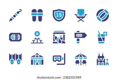 Holiday icon set. Duotone color. Vector illustration. Containing slippers, camping table, circus, lemonade, sand castle, skewer, ticket, fins, shield, stall, scuba, beach ball, camp chair, egg hunt.