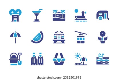 Holiday icon set. Duotone color. Vector illustration. Containing caravan, flower, swimming pool, cocktail, watermelon, fins, hotel, basket, beach umbrella, sand bucket, float, cable car, sunbed, beach