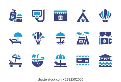 Holiday icon set. Duotone color. Vector illustration. Containing sunbed, sun umbrella, luggage, tent, postcard, hot air balloon, clam, coconut drink, camping tent, snorkeling, suncream, beach house.