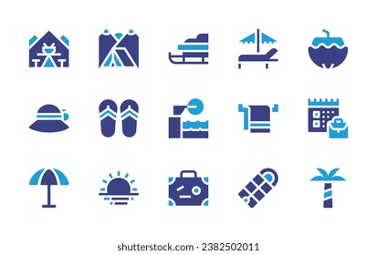 Holiday icon set. Duotone color. Vector illustration. Containing picnic, camping tent, flip flops, coconut drink, sunset, pamela hat, suitcase, towel, palm tree, sleeping bag, beach umbrella, sunbed.