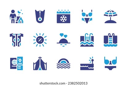 Holiday icon set. Duotone color. Vector illustration. Containing camping, shirt, plane ticket, winter, sunset, sea, bikini, swimming pool, light, flippers, summer sale, tent, umbrella.