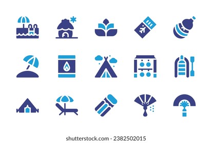 Holiday icon set. Duotone color. Vector illustration. Containing swimming pool, spa, beach, tent, camping tent, air mattress, airplane ticket, yunluo, cabin, matchbox, sunbed, calabash, lifeboat, fan.