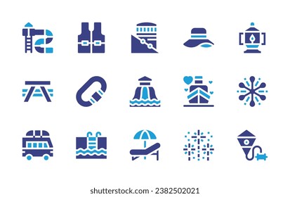 Holiday icon set. Duotone color. Vector illustration. Containing aquapark, funicular, picnic table, aqua park, camper, deck chair, sun hat, cruise ship, life jacket, carabiner, swimming, oil lamp.