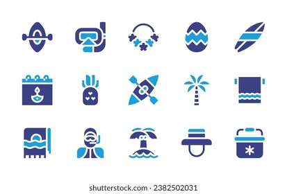 Holiday icon set. Duotone color. Vector illustration. Containing kayak, diwali, towel, necklace, canoe, island, snorkel, pineapple, diving, decorative, coconut tree, hat, surf, fridge.