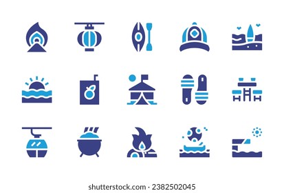 Holiday icon set. Duotone color. Vector illustration. Containing bonfire, sunrise, cable car, canoe, tent, gold pot, surfboard, table, trampoline, chinese lantern, cap, slippers, mid autumn festival.