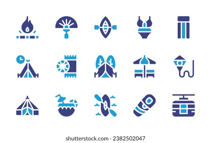 Holiday icon set. Duotone color. Vector illustration. Containing bonfire, camping tent, tent, kayak, towel, coconut, floating bed, kite, cable car, fan, swimsuit, parasol, sleeping bag.