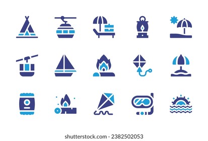 Holiday icon set. Duotone color. Vector illustration. Containing cable car, boat, fire, sunbed, bonfire, kite, tent, cableway, potato chips, umbrella, beach, sunrise, lantern, snorkel.