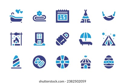 Holiday icon set. Duotone color. Vector illustration. Containing towel, hotel, breakfast, calendar, sleeping bag, lifebuoy, bath, bonfire, surfboard, hammock, tent, easter egg, teepee, lounge chair.