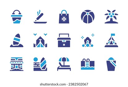 Holiday icon set. Duotone color. Vector illustration. Containing surfboard, island, incense, tote bag, portable fridge, sunbed, sand bucket, shop, tent, beach ball, bonfire, swimming pool.