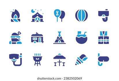 Holiday icon set. Duotone color. Vector illustration. Containing snorkel, life jacket, diving mask, caravan, barbecue, terrace, bonfire, sand bucket, camping tent, ball, coconut, sea snail, balloon.