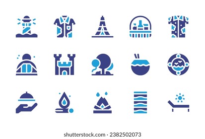 Holiday icon set. Duotone color. Vector illustration. Containing camping tent, food tray, lighthouse, eiffel tower, tree, bonfire, hawaiian shirt, window, sunbathing, food basket, coconut water, beach