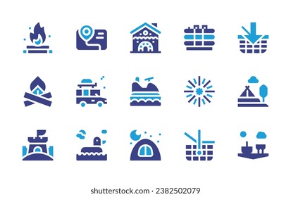 Holiday icon set. Duotone color. Vector illustration. Containing bonfire, jet ski, camping, picnic basket, tent, gingerbread house, sand castle, fireworks, picnic, inflatable pool, rubber duck, map.