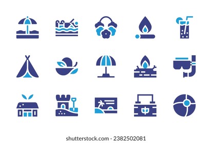 Holiday icon set. Duotone color. Vector illustration. Containing necklace, beach, tent, eco hotel, sun umbrella, hawaii, lime juice, snorkel, beach ball, bonfire, wood, basket, swimming, pamela hat.