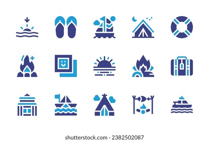 Holiday icon set. Duotone color. Vector illustration. Containing sailboat, sunset, campfire, ryokan, tent, lifesaver, suitcase, ship, bonfire, cooking, flip flops, photos, paper boat.