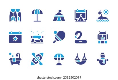 Holiday icon set. Duotone color. Vector illustration. Containing flippers, tent, summer, ping pong, bathtub, sun umbrella, island, backpack, snowman, beach, camping, flamingo, hammock, table, canoe.